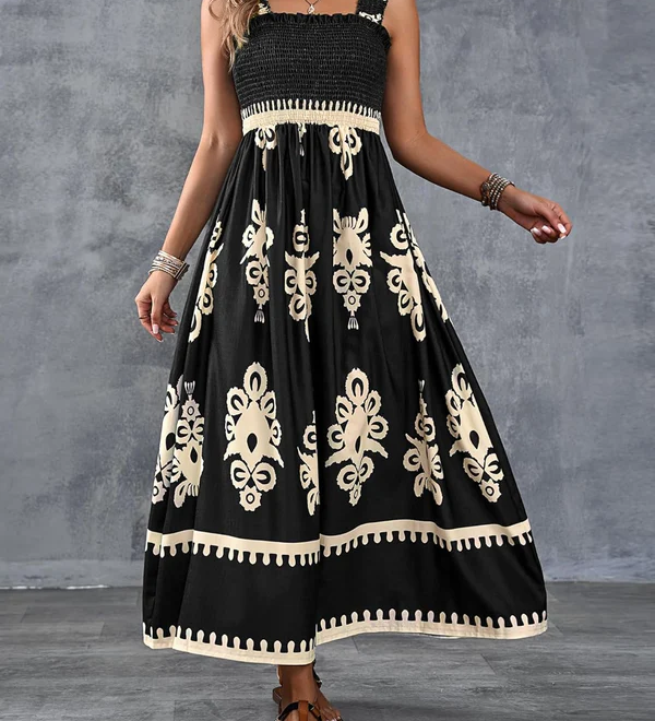 Artistic Geometric Print Smocked Maxi Dress