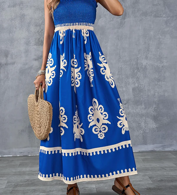 Artistic Geometric Print Smocked Maxi Dress