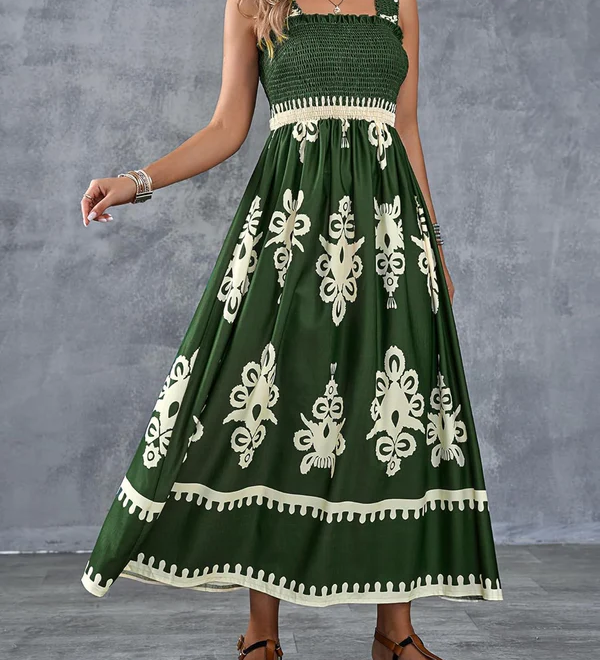 Artistic Geometric Print Smocked Maxi Dress