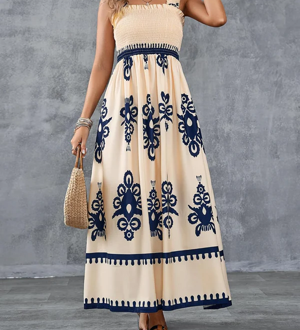 Artistic Geometric Print Smocked Maxi Dress