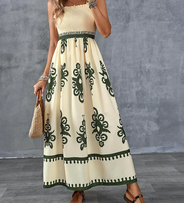Artistic Geometric Print Smocked Maxi Dress