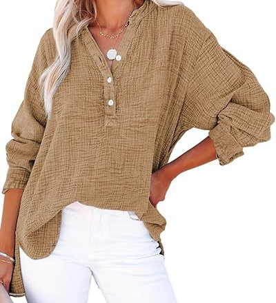 Casual Button-Down Textured Long-Sleeve Blouse