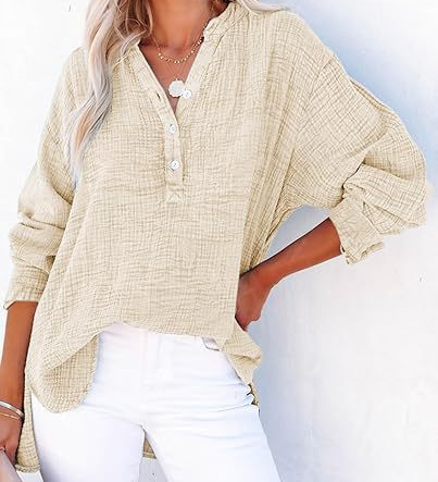 Casual Button-Down Textured Long-Sleeve Blouse