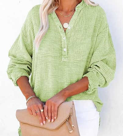 Casual Button-Down Textured Long-Sleeve Blouse