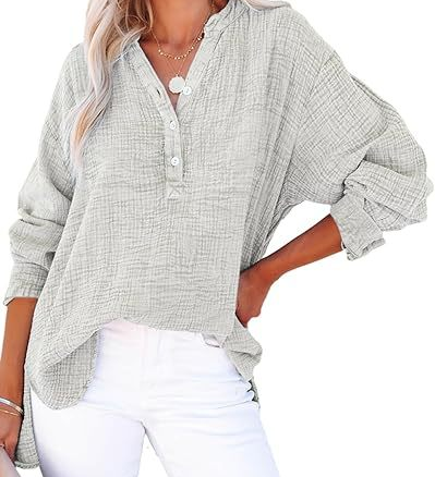 Casual Button-Down Textured Long-Sleeve Blouse