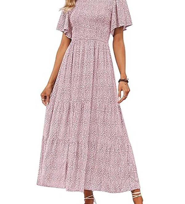 Elegant Lilac Floral Smocked Tiered Maxi Dress