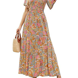 Elegant Lilac Floral Smocked Tiered Maxi Dress