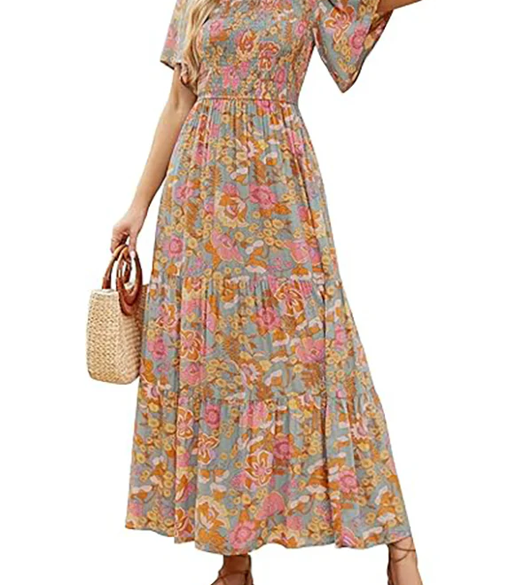 Elegant Lilac Floral Smocked Tiered Maxi Dress