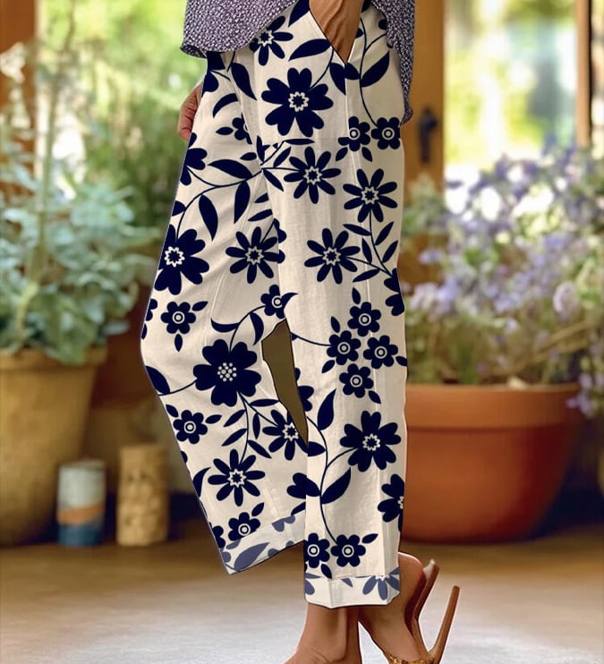 Bohemian Floral Print Straight-Leg Pants