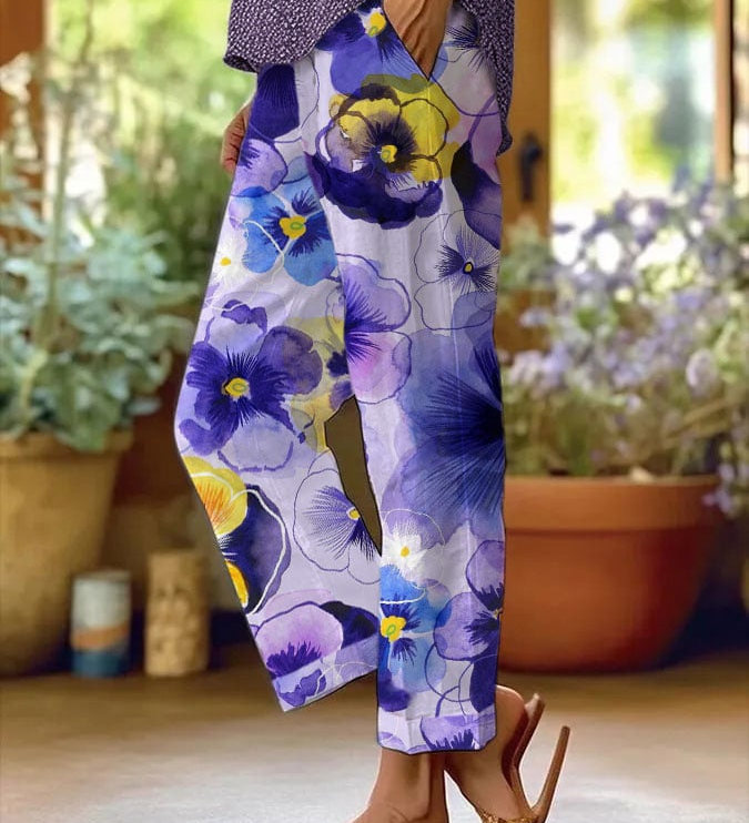 Bohemian Floral Print Straight-Leg Pants