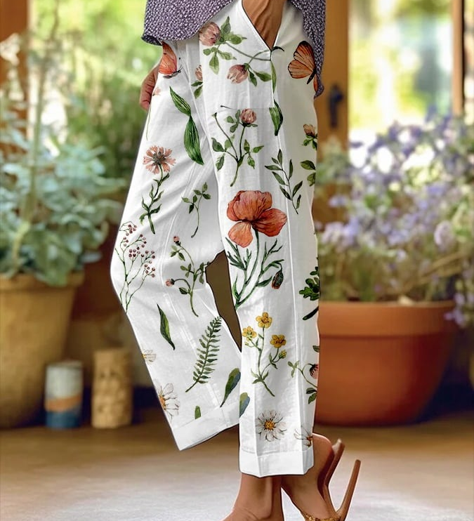 Bohemian Floral Print Straight-Leg Pants