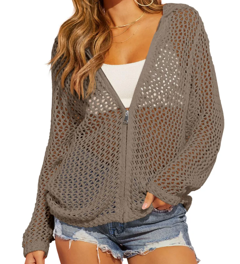 Artistic Hollow-Out Crochet Zip-Up Hooded Cardigan