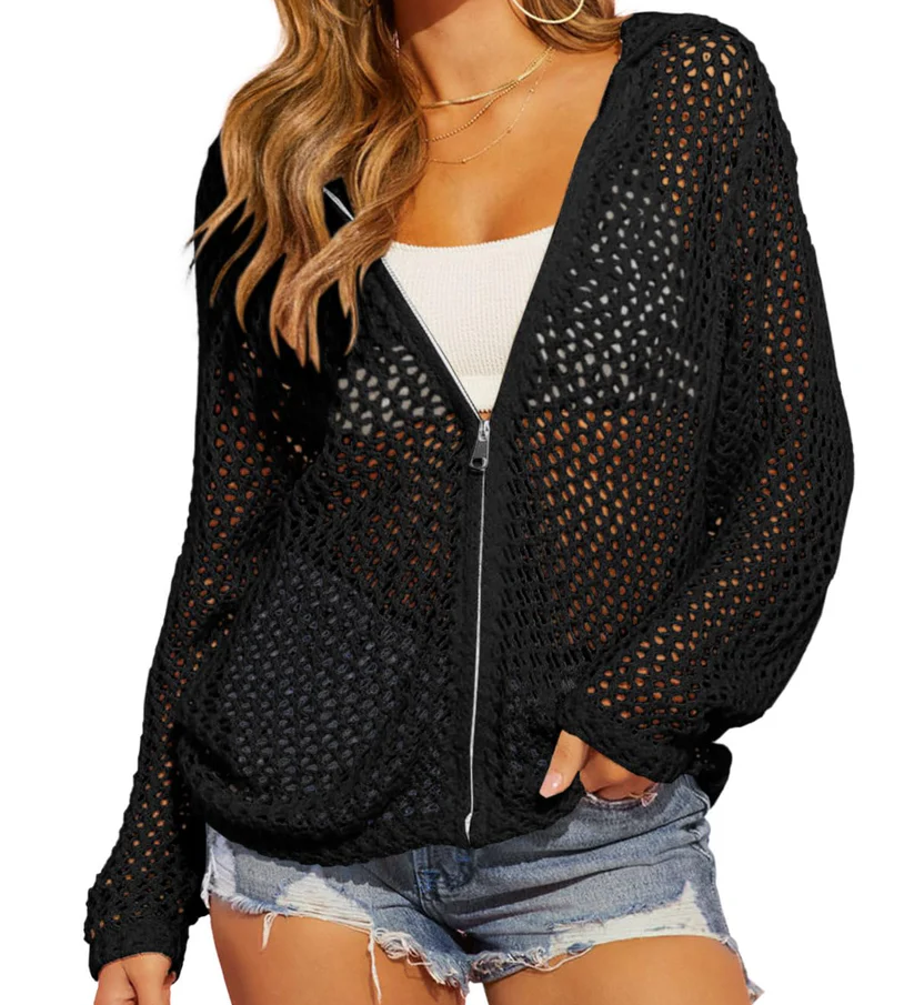 Artistic Hollow-Out Crochet Zip-Up Hooded Cardigan