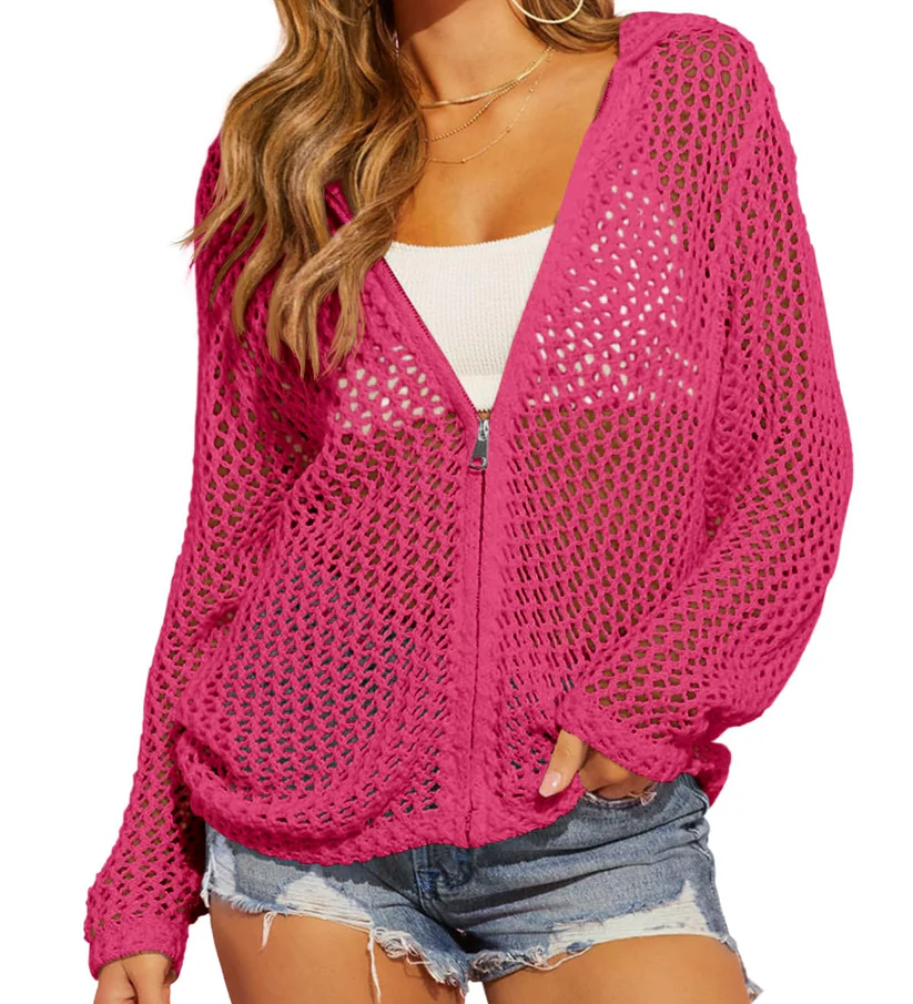 Artistic Hollow-Out Crochet Zip-Up Hooded Cardigan