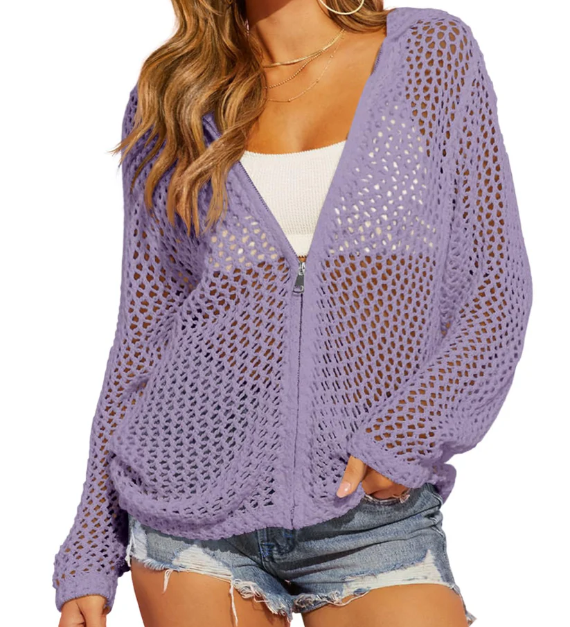 Artistic Hollow-Out Crochet Zip-Up Hooded Cardigan