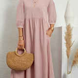Elegant Solid Puff-Sleeve Pocket Maxi Dress