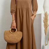 Elegant Solid Puff-Sleeve Pocket Maxi Dress