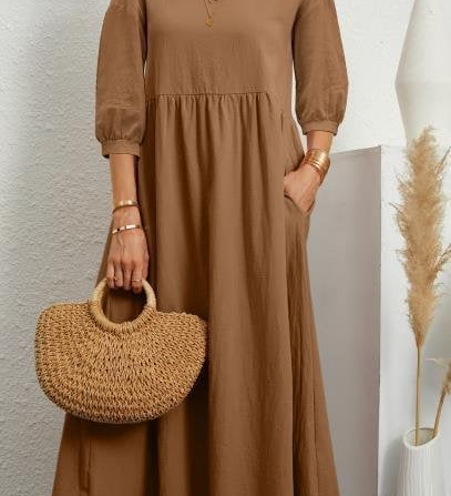 Elegant Solid Puff-Sleeve Pocket Maxi Dress