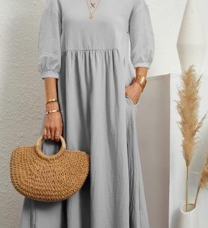 Elegant Solid Puff-Sleeve Pocket Maxi Dress