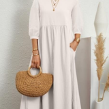 Elegant Solid Puff-Sleeve Pocket Maxi Dress