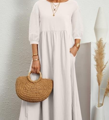 Elegant Solid Puff-Sleeve Pocket Maxi Dress