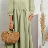 Elegant Solid Puff-Sleeve Pocket Maxi Dress