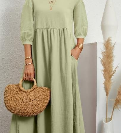 Elegant Solid Puff-Sleeve Pocket Maxi Dress