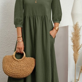 Elegant Solid Puff-Sleeve Pocket Maxi Dress