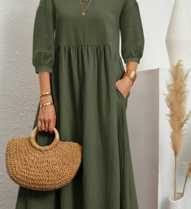 Elegant Solid Puff-Sleeve Pocket Maxi Dress