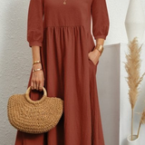 Elegant Solid Puff-Sleeve Pocket Maxi Dress