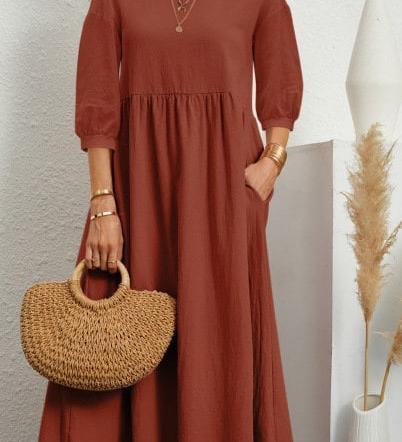 Elegant Solid Puff-Sleeve Pocket Maxi Dress