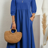 Elegant Solid Puff-Sleeve Pocket Maxi Dress