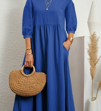 Elegant Solid Puff-Sleeve Pocket Maxi Dress