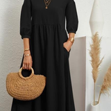 Elegant Solid Puff-Sleeve Pocket Maxi Dress