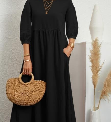 Elegant Solid Puff-Sleeve Pocket Maxi Dress