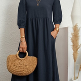 Elegant Solid Puff-Sleeve Pocket Maxi Dress