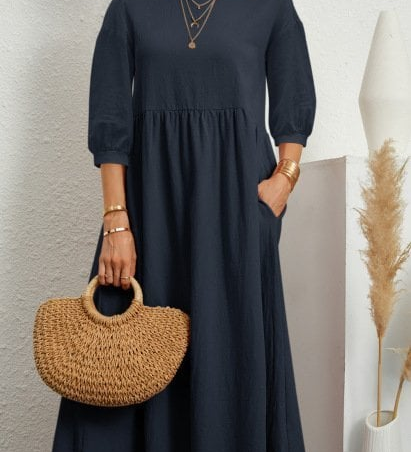 Elegant Solid Puff-Sleeve Pocket Maxi Dress