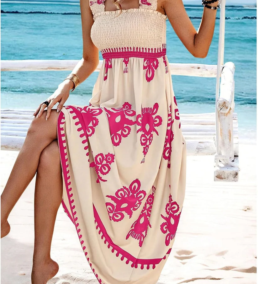 Bohemian Medallion Print Smocked Maxi Dress