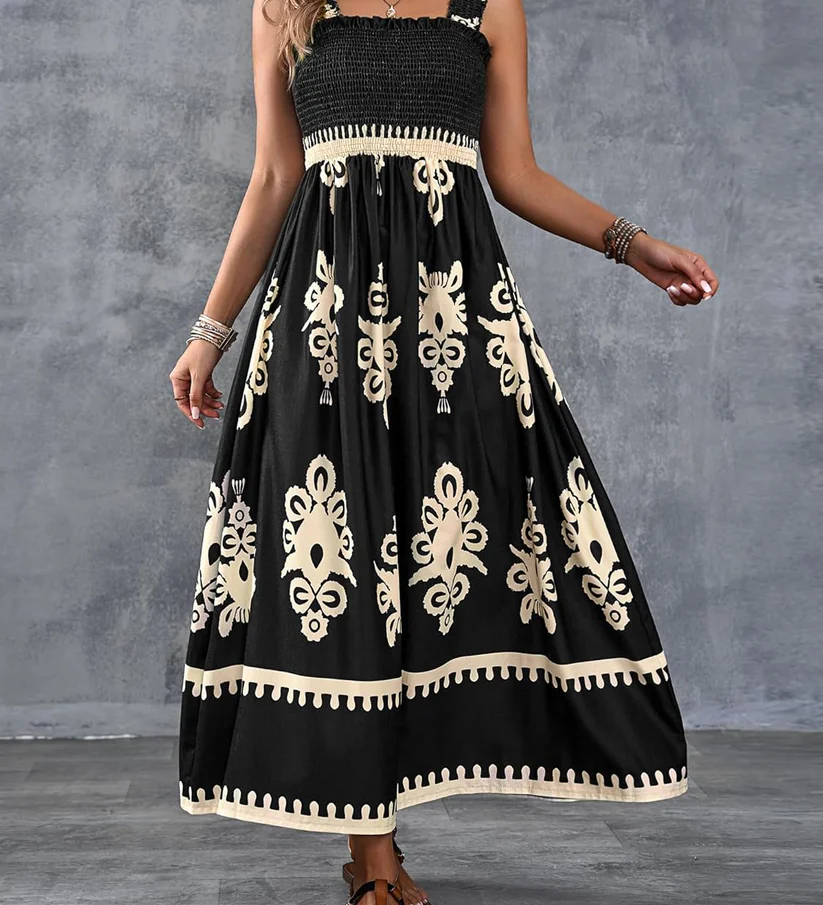 Bohemian Medallion Print Smocked Maxi Dress