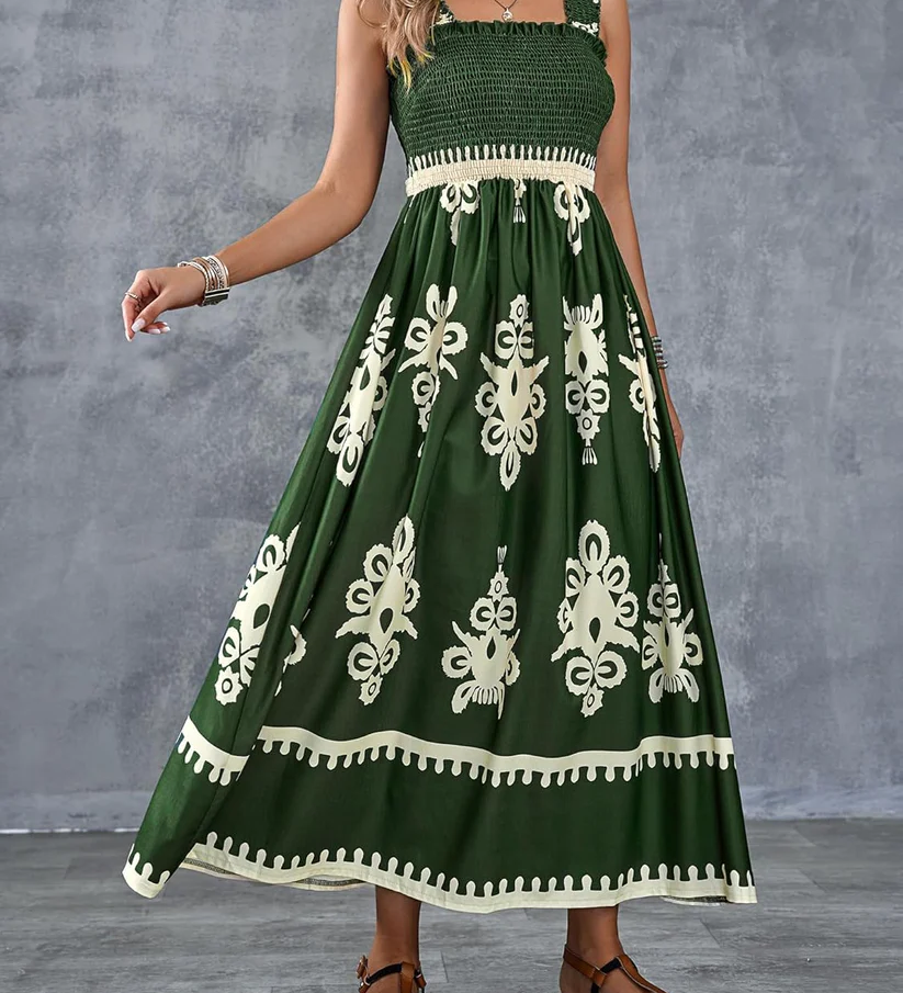 Bohemian Medallion Print Smocked Maxi Dress