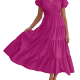 Charming Solid Ruffle-Neck Tiered Maxi Dress