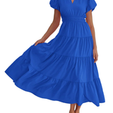 Charming Solid Ruffle-Neck Tiered Maxi Dress