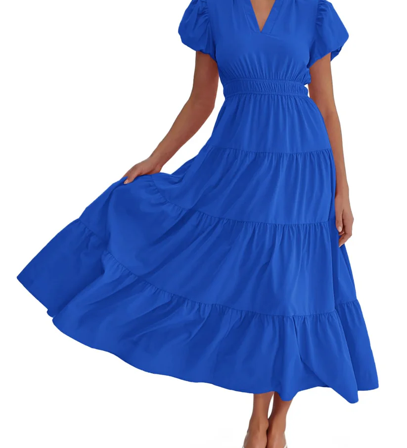Charming Solid Ruffle-Neck Tiered Maxi Dress