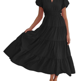 Charming Solid Ruffle-Neck Tiered Maxi Dress