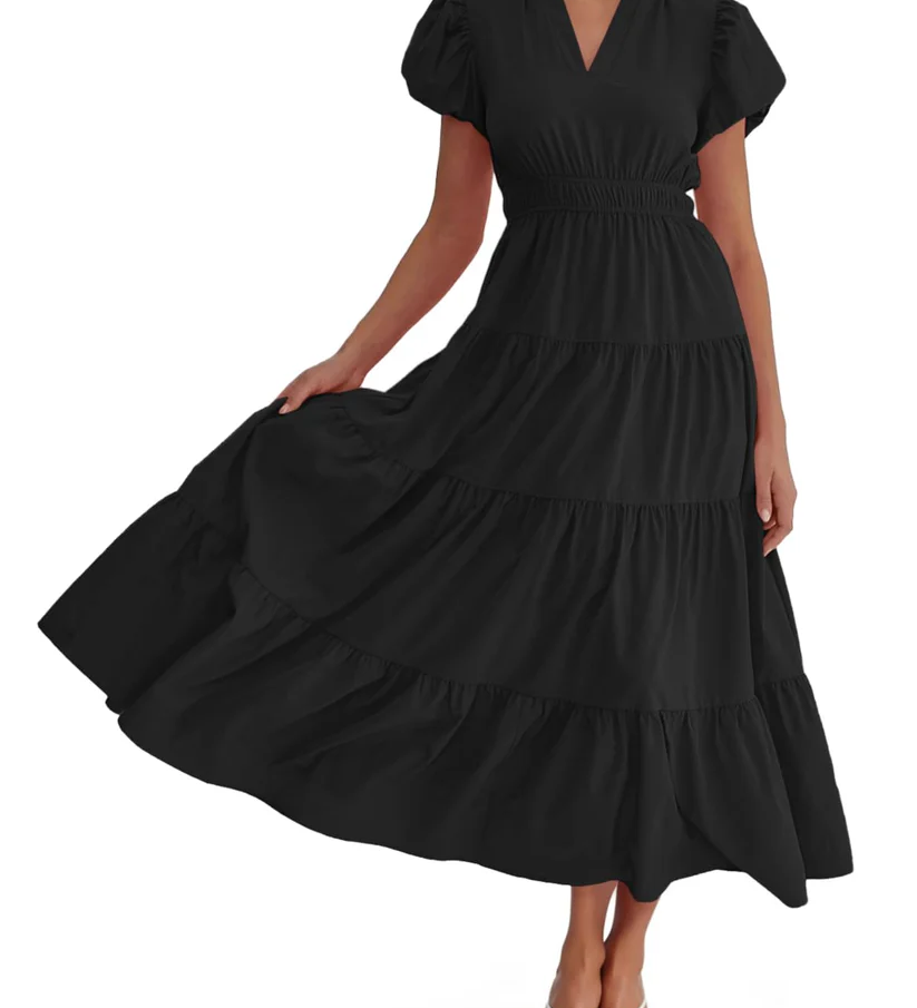 Charming Solid Ruffle-Neck Tiered Maxi Dress