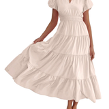 Charming Solid Ruffle-Neck Tiered Maxi Dress