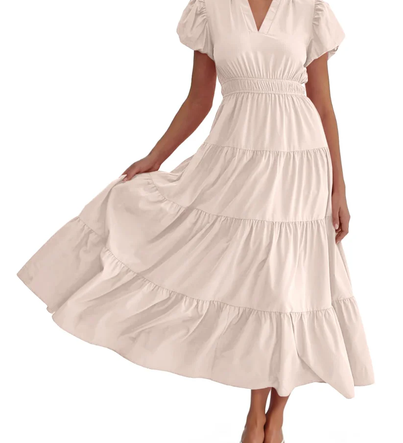 Charming Solid Ruffle-Neck Tiered Maxi Dress