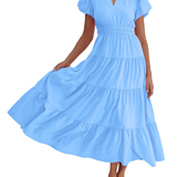 Charming Solid Ruffle-Neck Tiered Maxi Dress