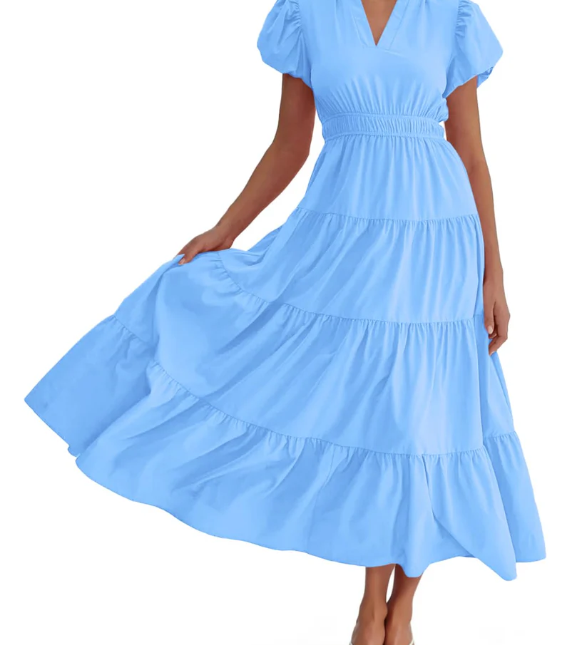 Charming Solid Ruffle-Neck Tiered Maxi Dress