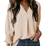 Charming Solid Smocked-Cuff V-Neck Blouse